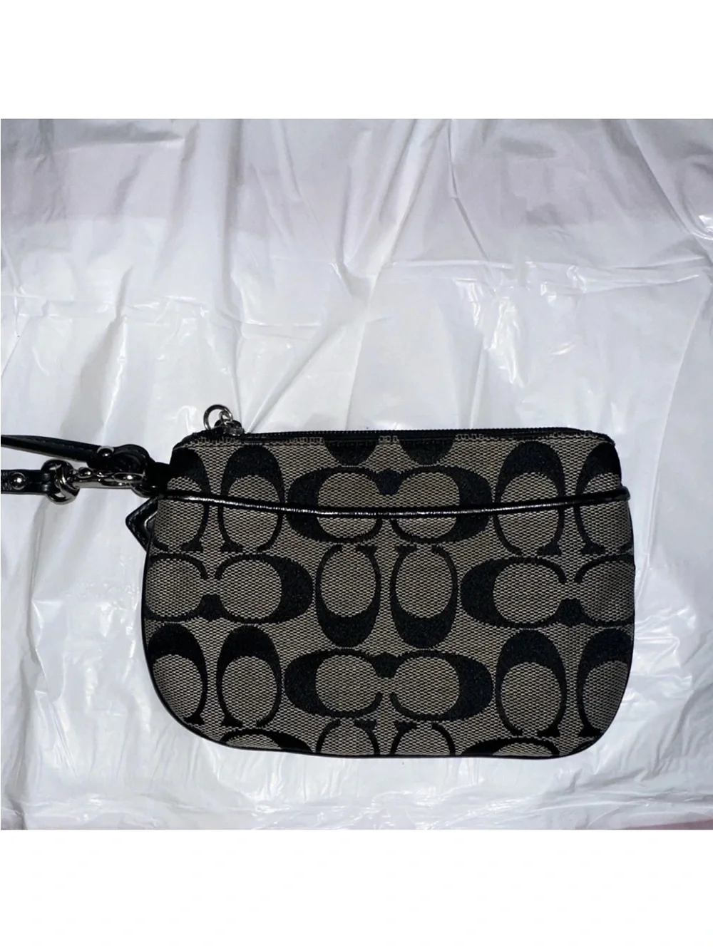 Coach Signature Logo Wristlet Pouch, Zip Closure, Beige/Black, Silver HW